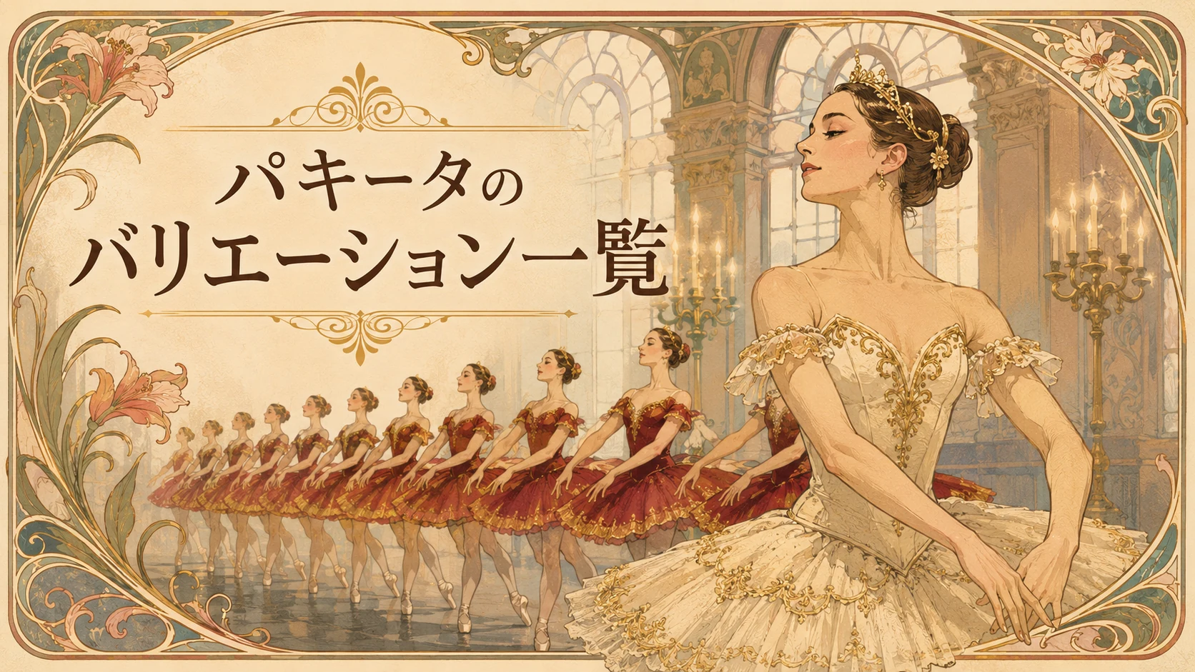 パキータのバリエーション一覧。クラシックチュチュを着たバレリーナたちを描いた記事アイキャッチ。