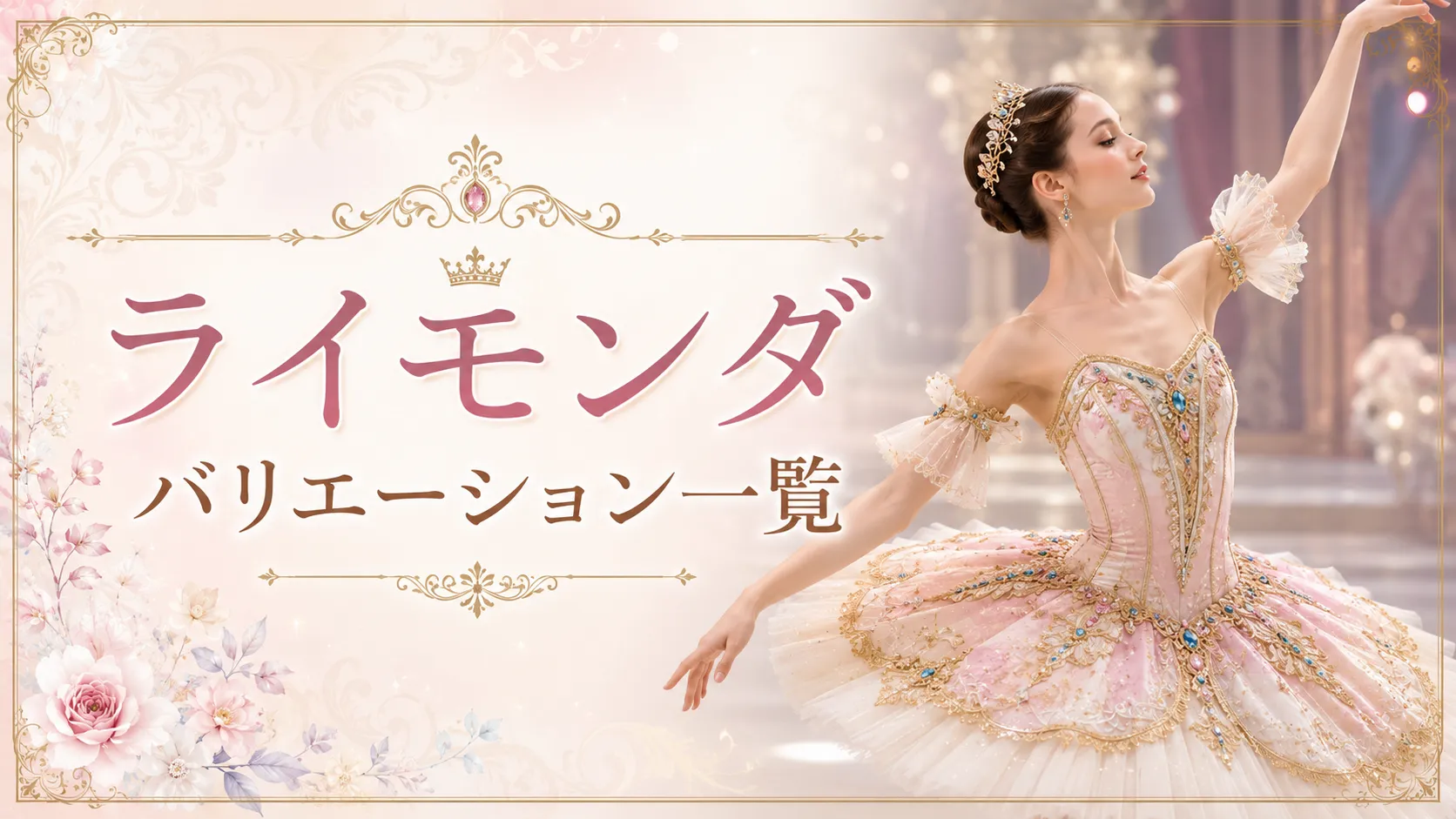 バレエ『ライモンダ』をイメージした衣装のバレリーナと、『ライモンダ バリエーション一覧』の文字が入った記事アイキャッチ。