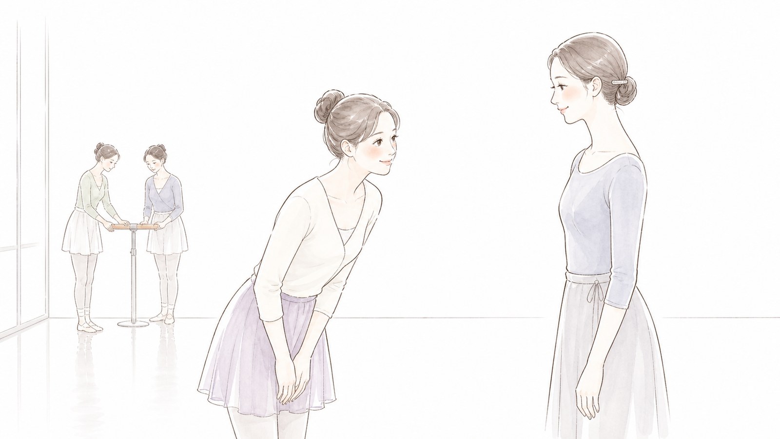 大人バレエの初回レッスン前に先生へ挨拶する様子