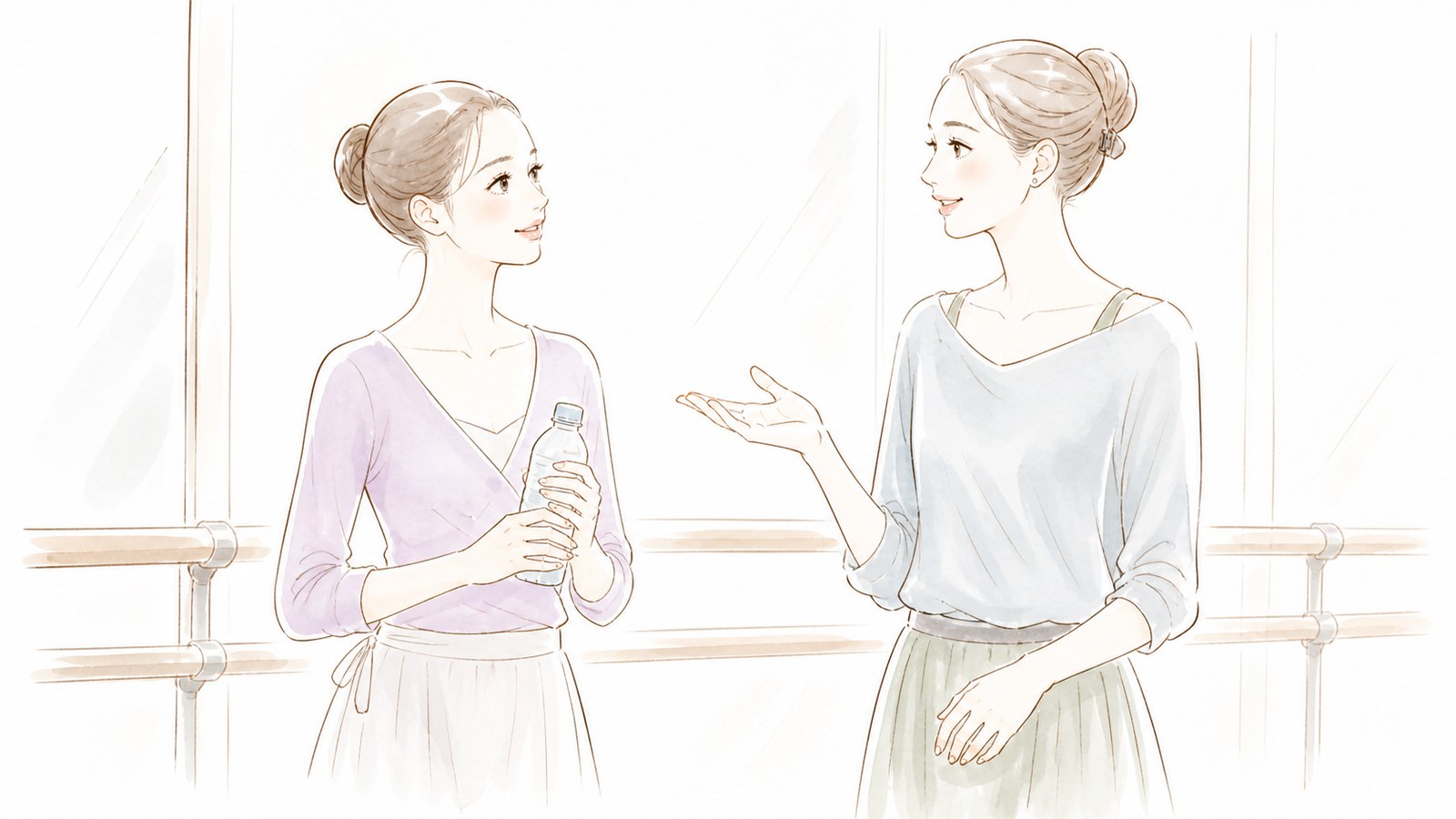 飲み物について先生へ質問する大人バレエの生徒